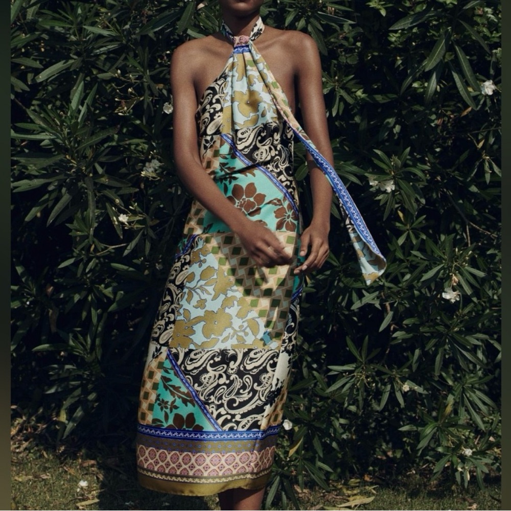 Zara Patchwork Print Satin Effect Halter Dress, M… - image 2